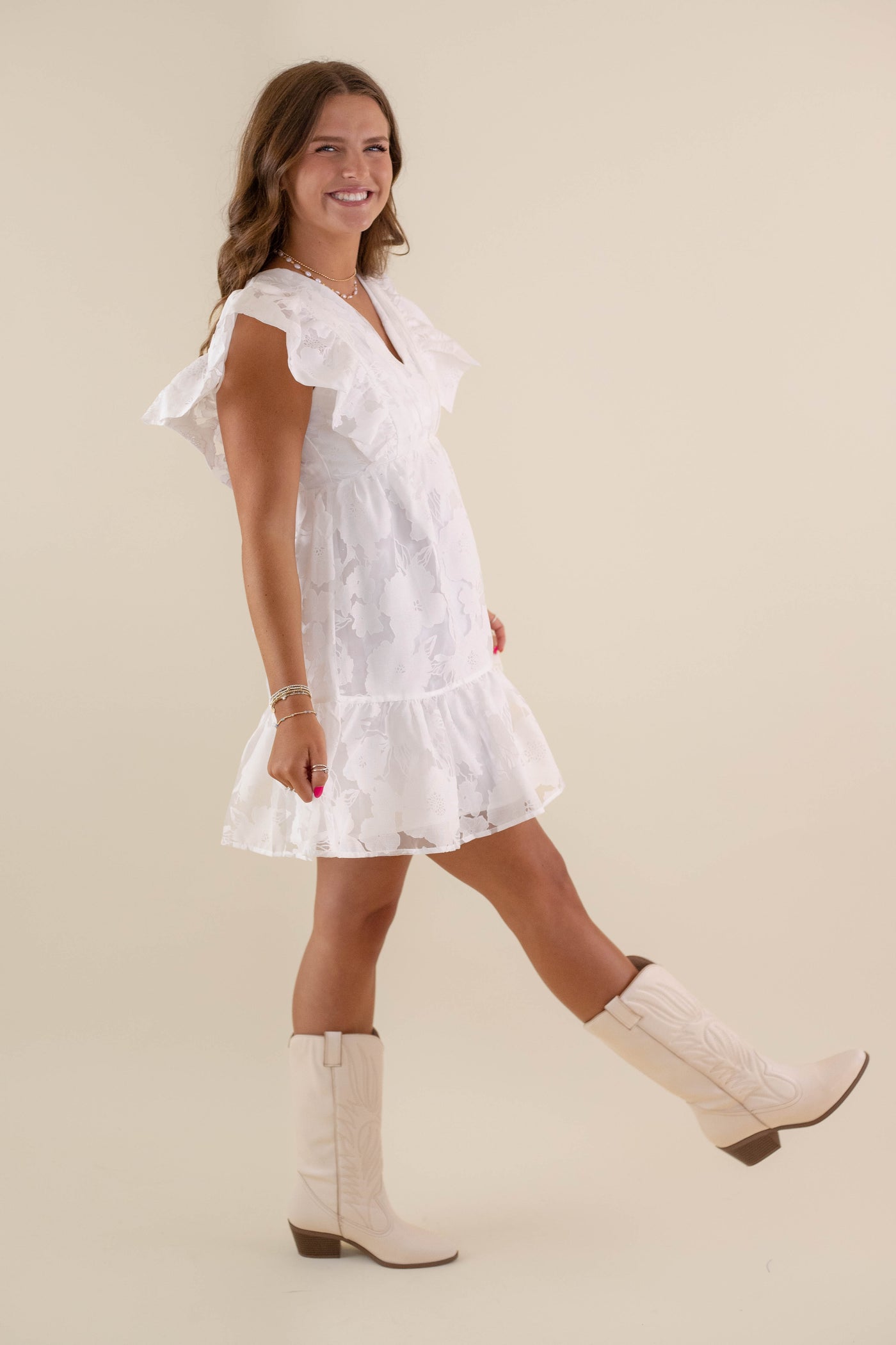 Women's Poplin Ruffle Dress- White Floral Dress- TCEC Ruffle Dress