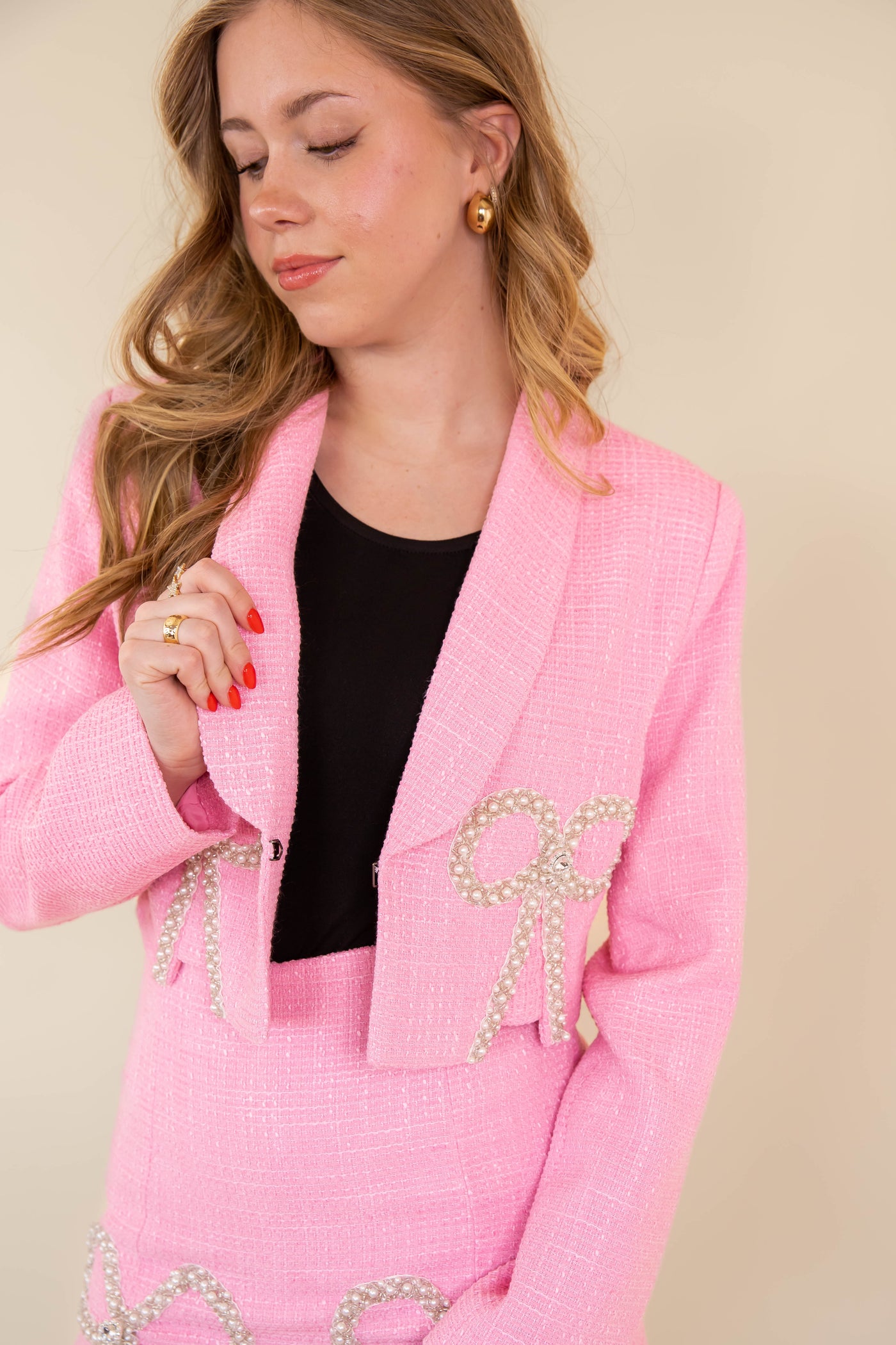 Pearl Bow Cropped Blazer- Pink Tweed Blazer- Women's Matching Blazer Set