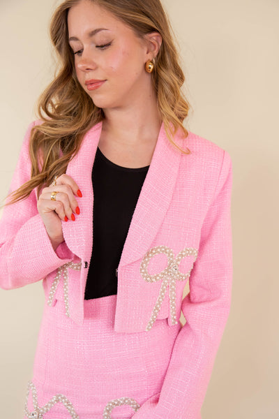 Pearl Bow Cropped Blazer- Pink Tweed Blazer- Women's Matching Blazer Set