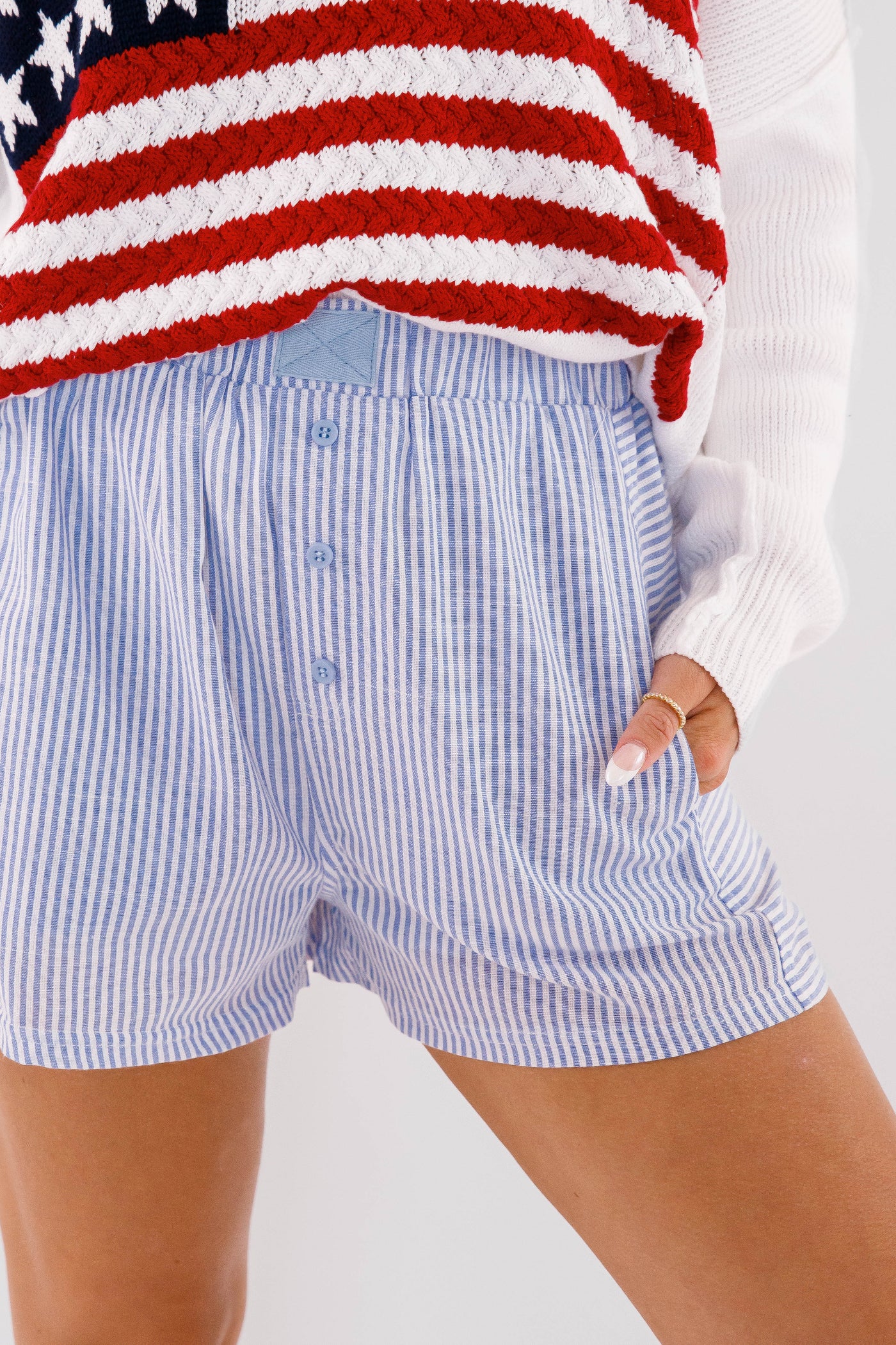 Women's Blue and White Stripe Boxer Shorts- Boxer Style Shorts for Women- Women's Striped Elastic Shorts