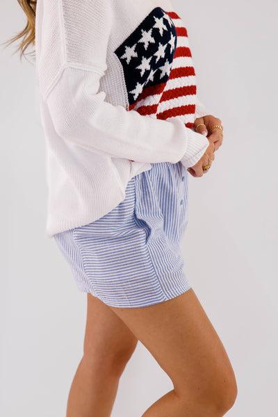 Women's Blue and White Stripe Boxer Shorts- Boxer Style Shorts for Women- Women's Striped Elastic Shorts