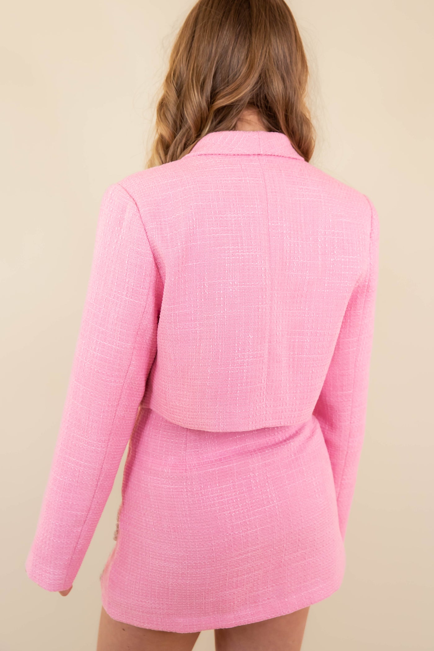 Pearl Bow Cropped Blazer- Pink Tweed Blazer- Women's Matching Blazer Set