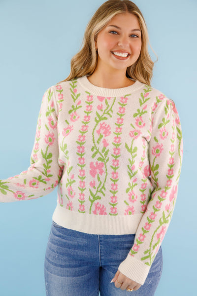 Green and Pink Floral Knit Sweater- Comfy Ivory Floral Print Sweater- &Merci Sweaters