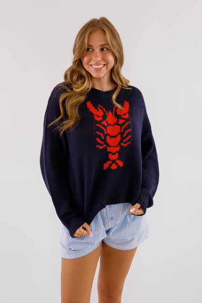 Lobster Motif Sweater for Women- Women's Knitted Navy Lobster Sweater- Coastal Grandmother Style