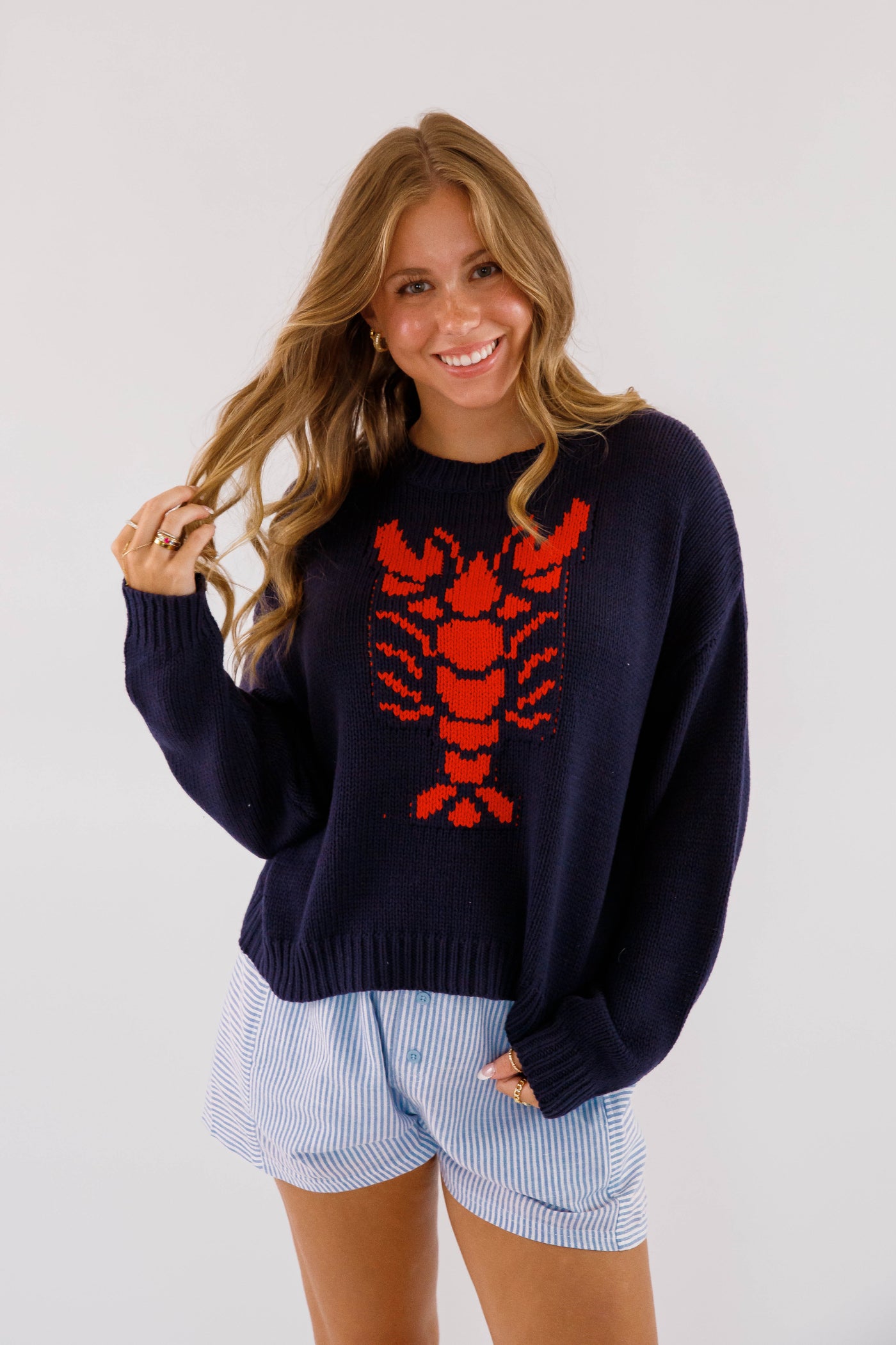 Lobster Motif Sweater for Women- Women's Knitted Navy Lobster Sweater- Coastal Grandmother Style