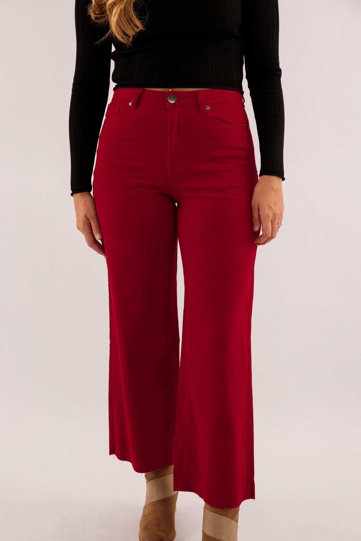 Women's Maroon Wide Leg Denim Jeans- Women's Stretch Jeans in Red