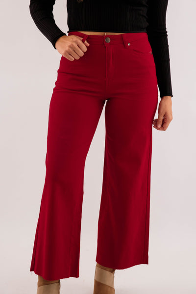 Women's Maroon Wide Leg Denim Jeans- Women's Stretch Jeans in Red
