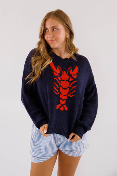 Lobster Motif Sweater for Women- Women's Knitted Navy Lobster Sweater- Coastal Grandmother Style