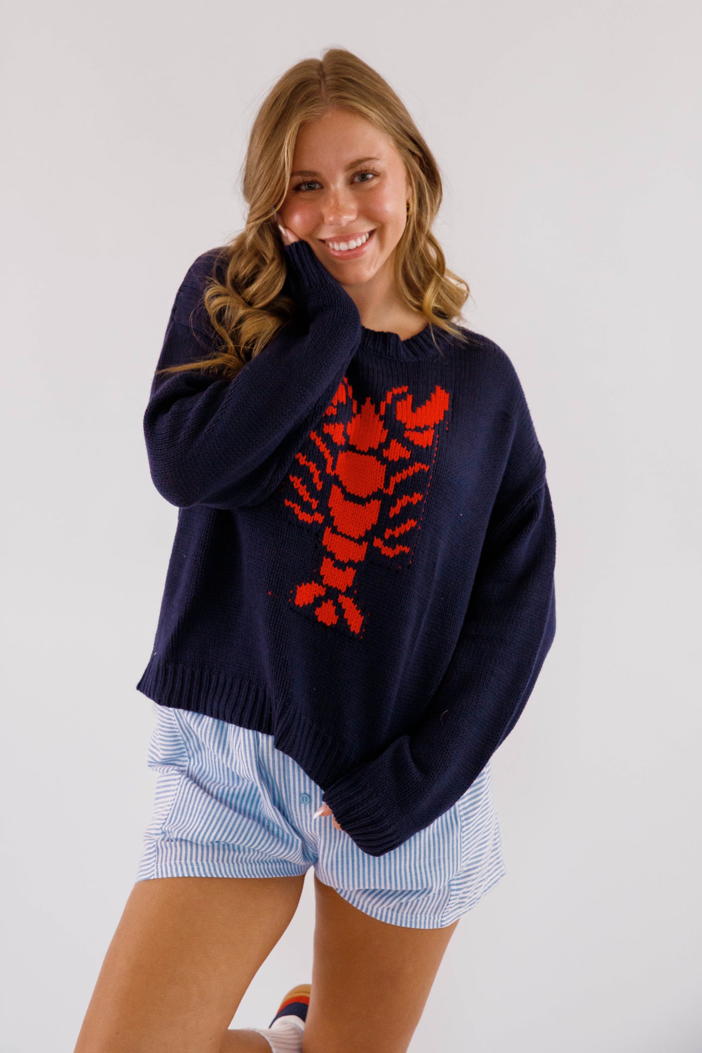 Lobster Motif Sweater for Women- Women's Knitted Navy Lobster Sweater- Coastal Grandmother Style