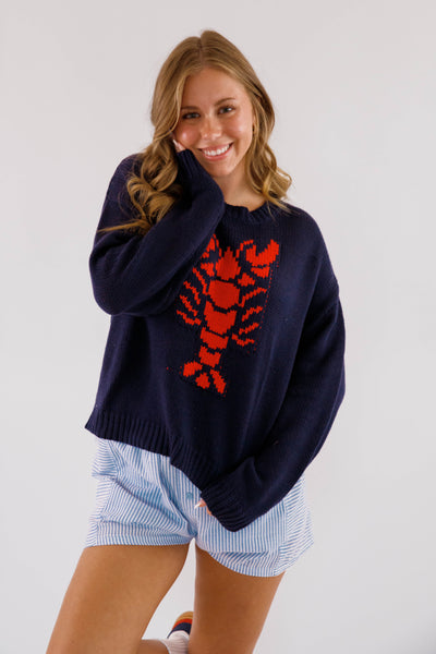 Lobster Motif Sweater for Women- Women's Knitted Navy Lobster Sweater- Coastal Grandmother Style