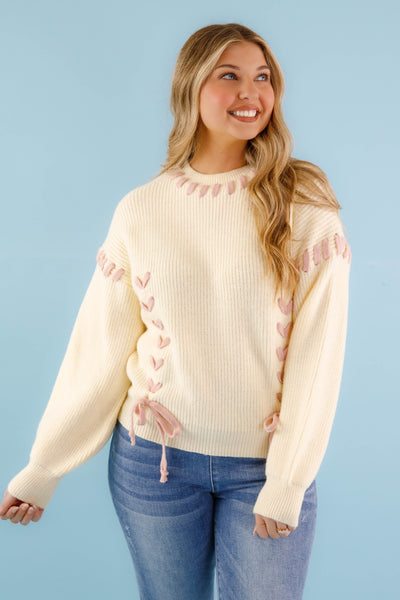 Lace-up Ribbon Sweater- Women's Blush Pink Ribbon Sweater- Ivory Knit Sweater