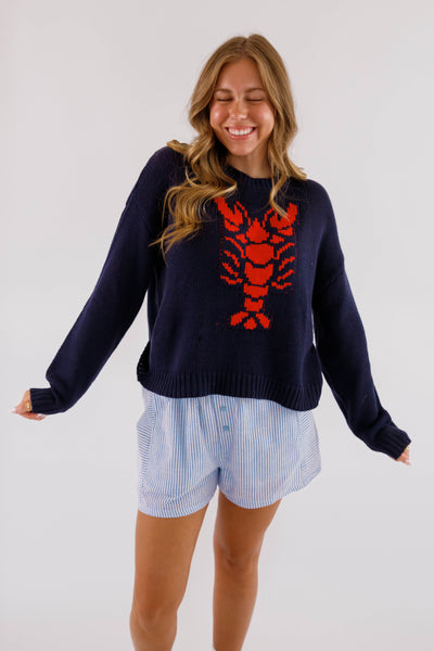 Lobster Motif Sweater for Women- Women's Knitted Navy Lobster Sweater- Coastal Grandmother Style