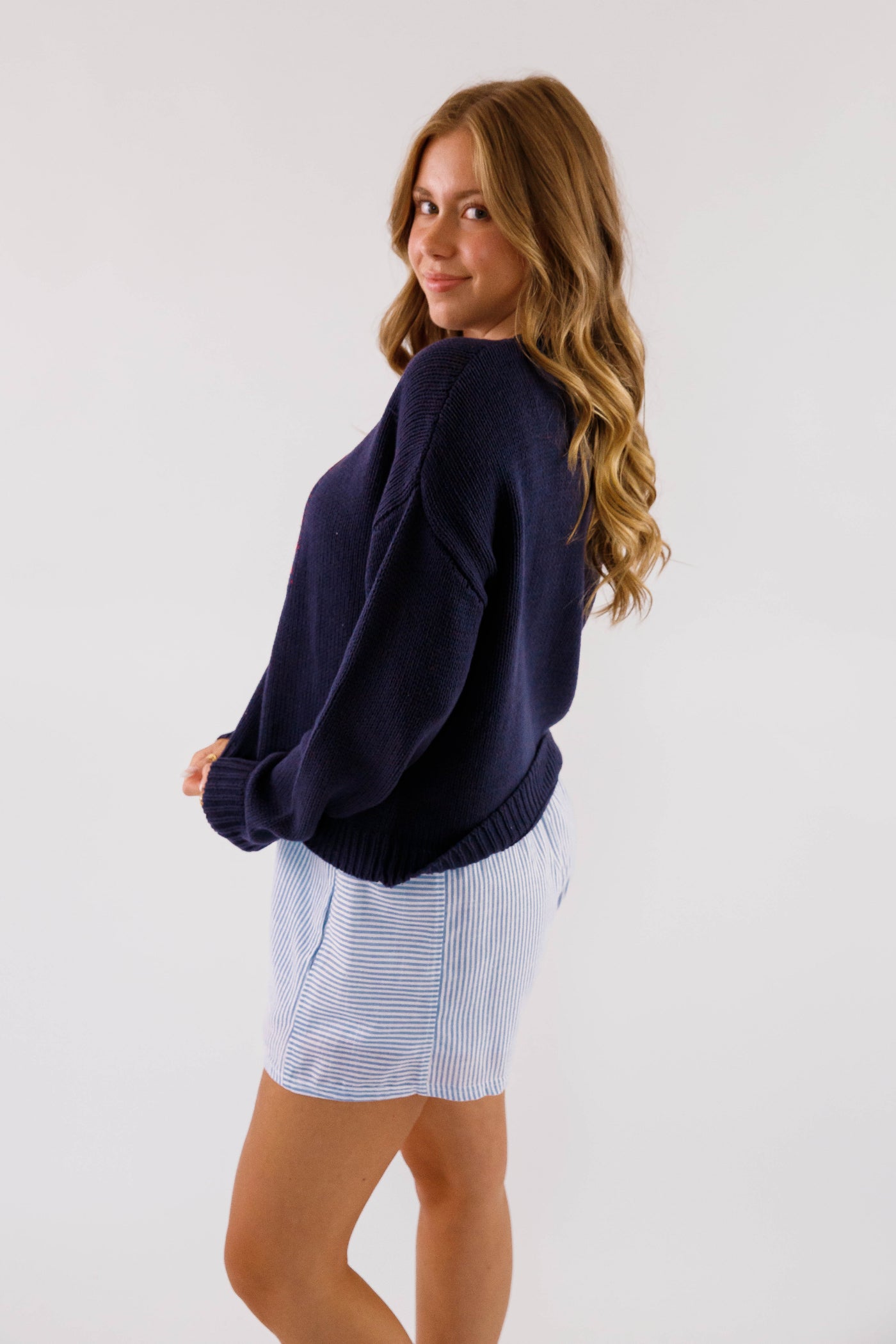 Lobster Motif Sweater for Women- Women's Knitted Navy Lobster Sweater- Coastal Grandmother Style