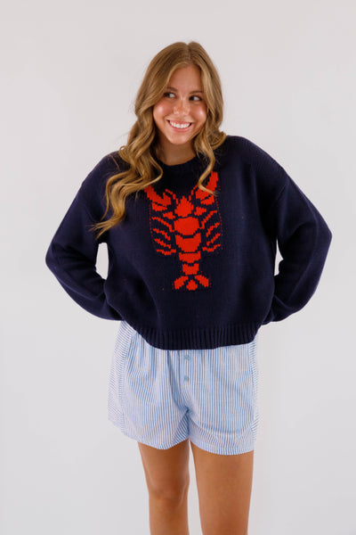 Lobster Motif Sweater for Women- Women's Knitted Navy Lobster Sweater- Coastal Grandmother Style