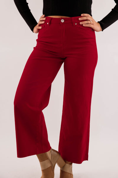 Women's Maroon Wide Leg Denim Jeans- Women's Stretch Jeans in Red