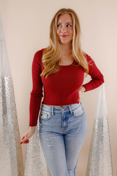 Women's Ribbed Knit Top- Burgundy Sweater Top- Women's Basic Fall Tops