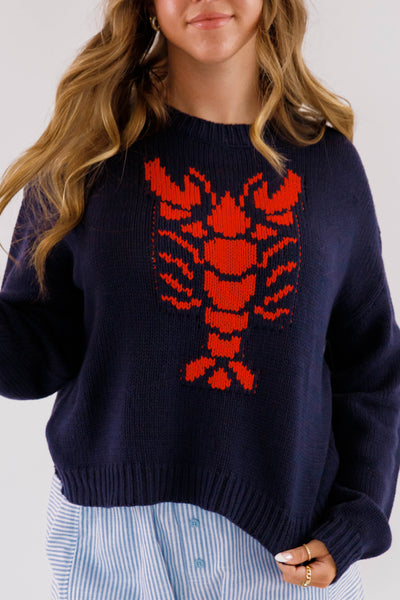 Lobster Motif Sweater for Women- Women's Knitted Navy Lobster Sweater- Coastal Grandmother Style