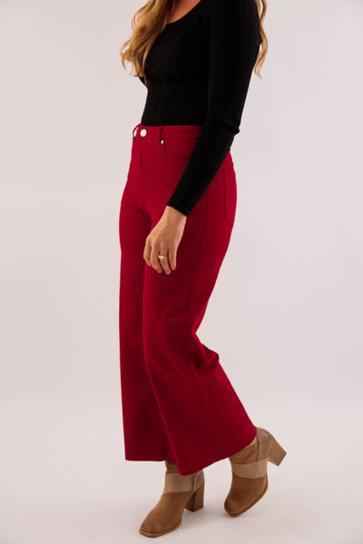 Women's Maroon Wide Leg Denim Jeans- Women's Stretch Jeans in Red