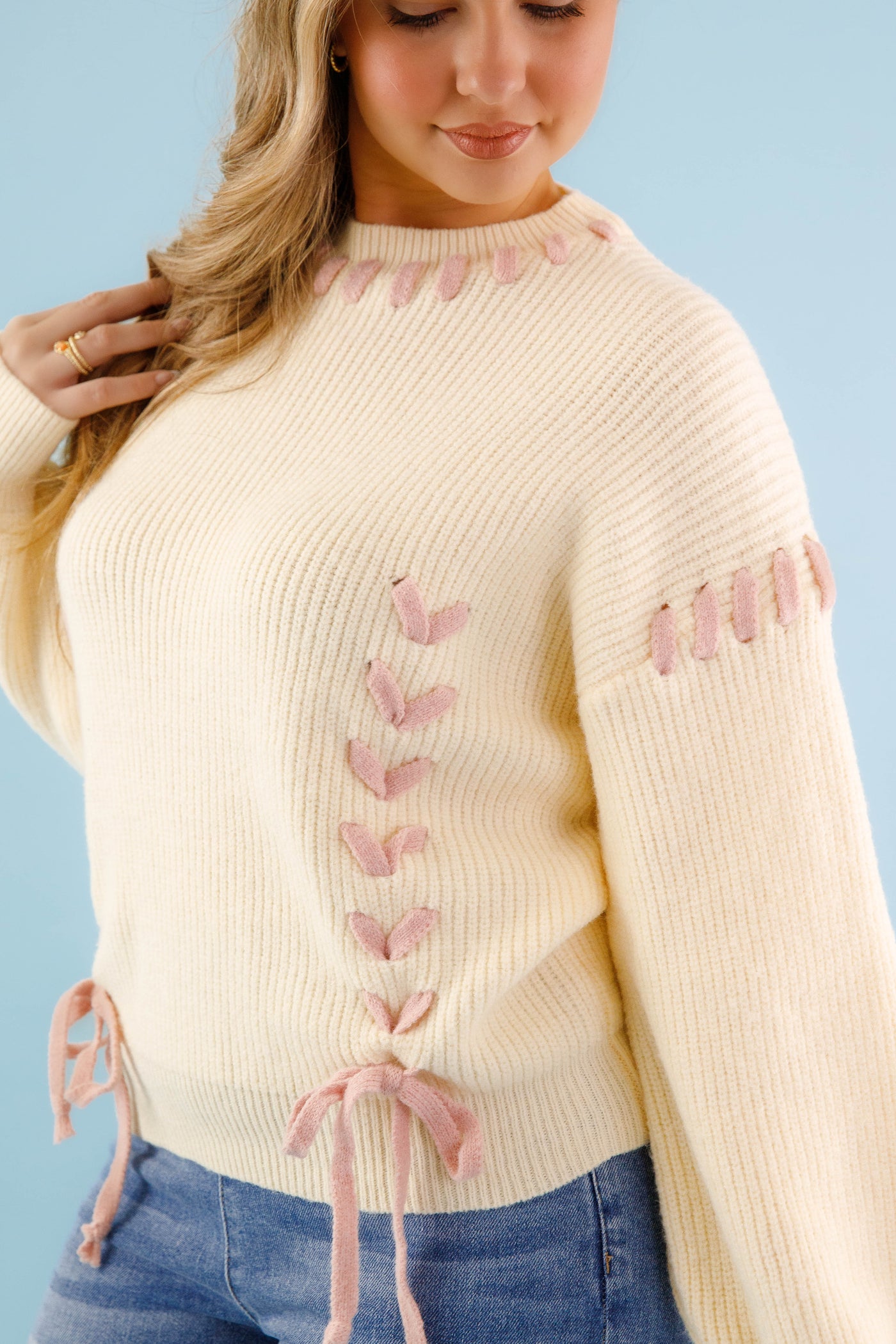 Lace-up Ribbon Sweater- Women's Blush Pink Ribbon Sweater- Ivory Knit Sweater