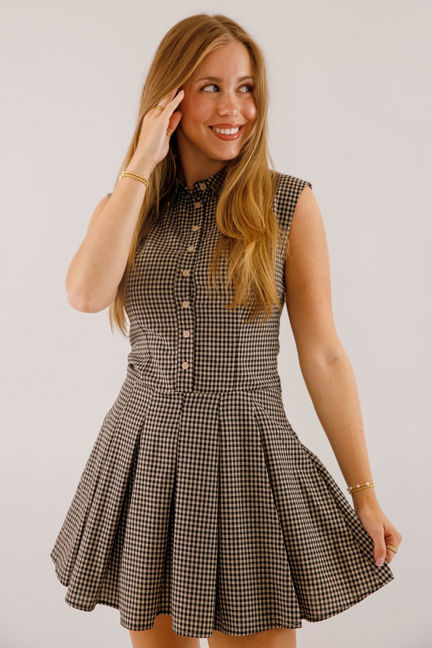 Black & Taupe Gingham Mini Dress- Women's Fall Dresses
