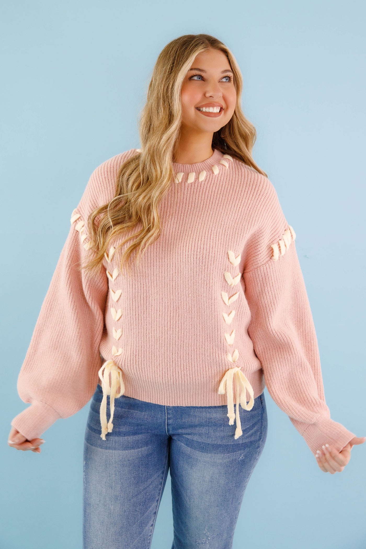 Lace-up Ribbon Sweater- Women's Blush Pink Ribbon Sweater- Pink Knit Sweater