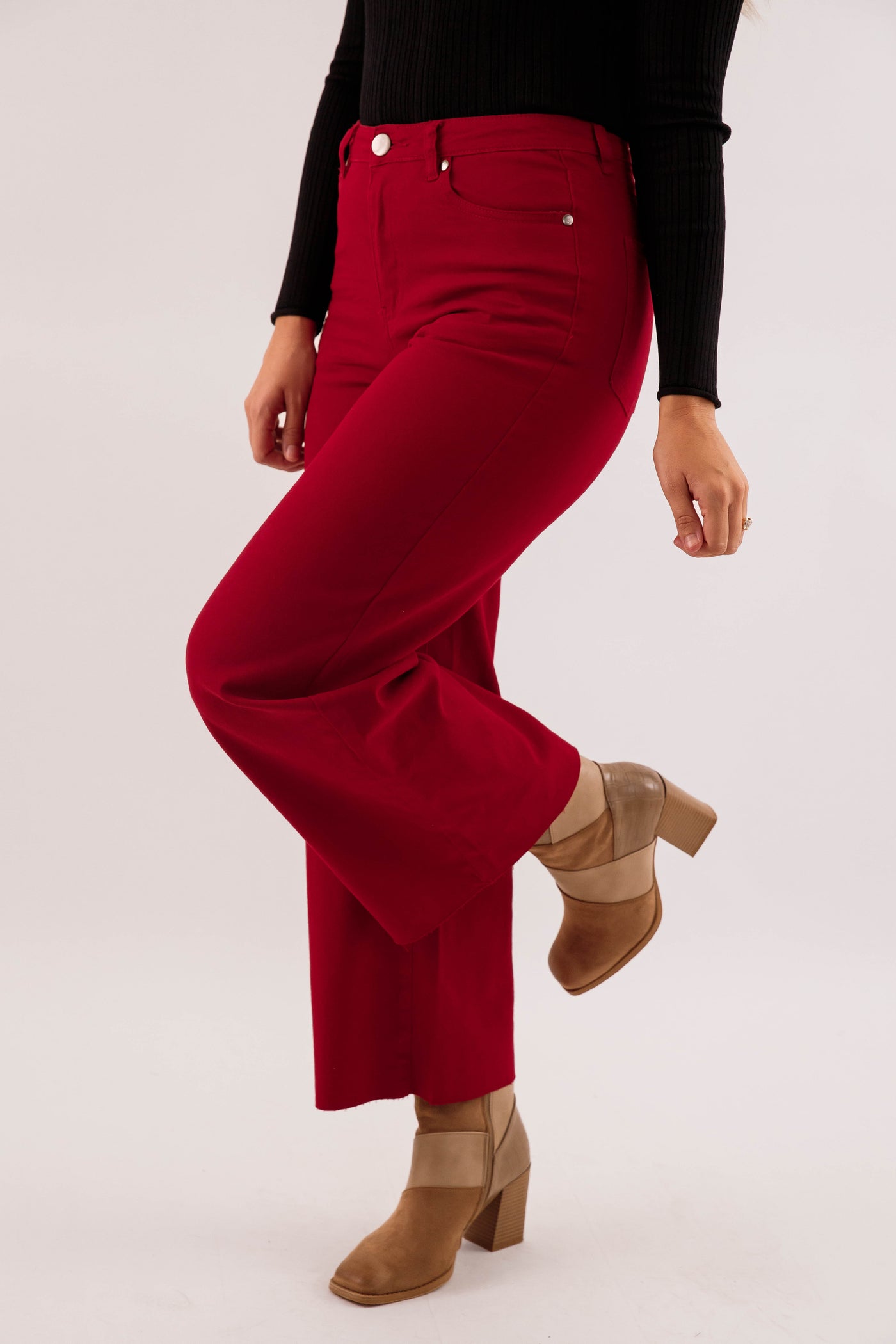 Women's Maroon Wide Leg Denim Jeans- Women's Stretch Jeans in Red