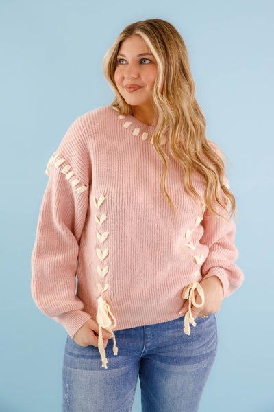 Lace-up Ribbon Sweater- Women's Blush Pink Ribbon Sweater- Pink Knit Sweater