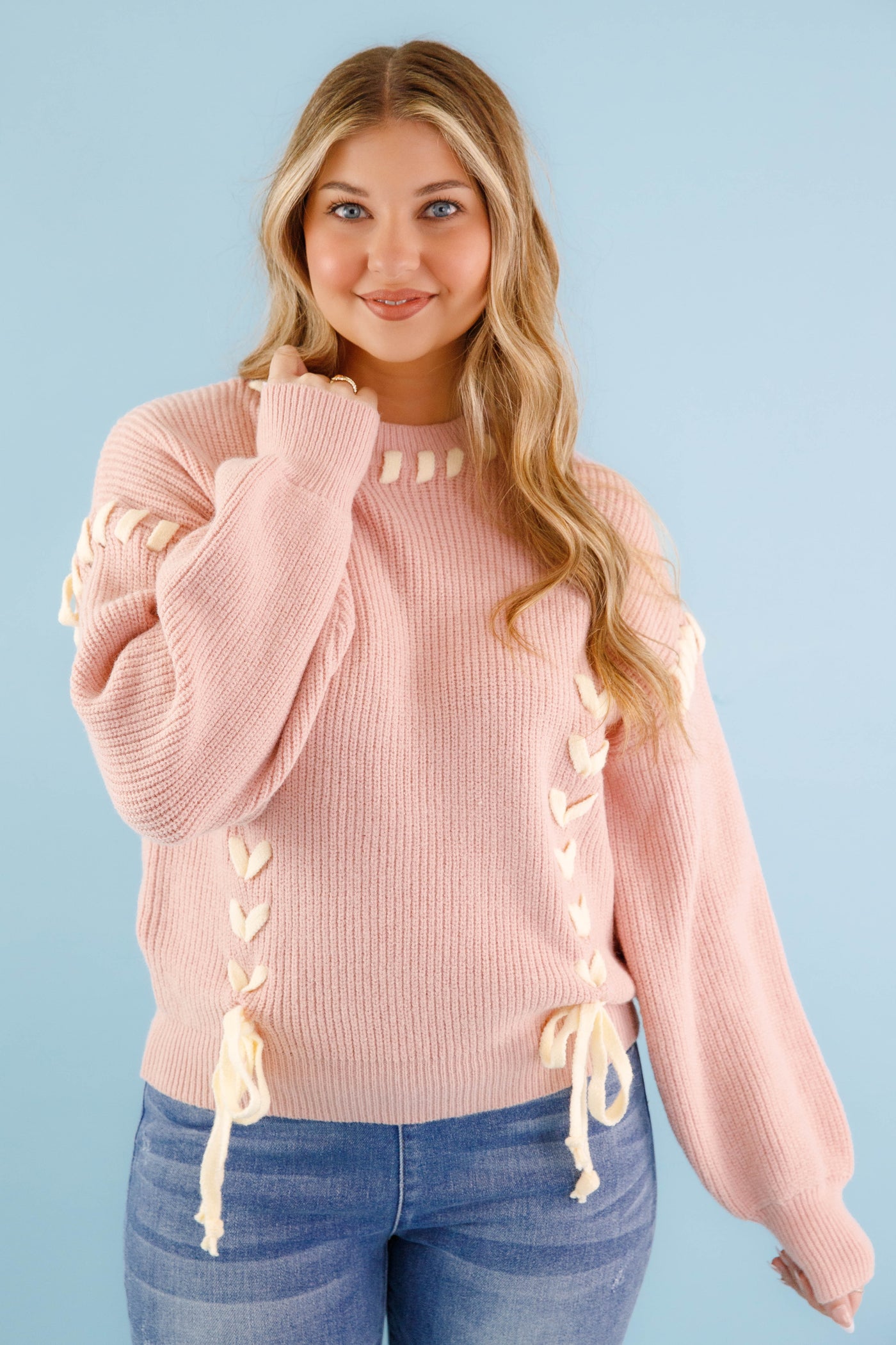 Lace-up Ribbon Sweater- Women's Blush Pink Ribbon Sweater- Pink Knit Sweater