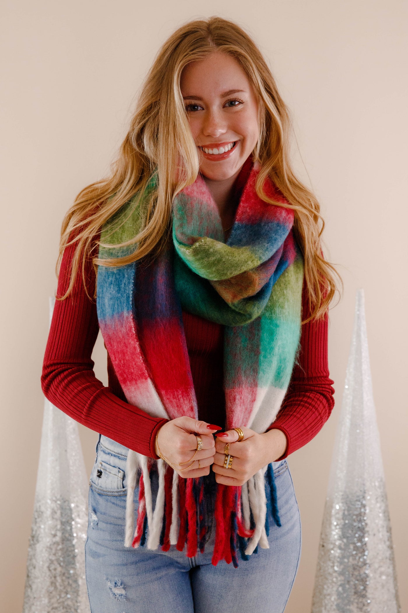 Multi Color Plaid Winter Scarf- Oversized Fuzzy Scarf- Blanket Scarf For Winter