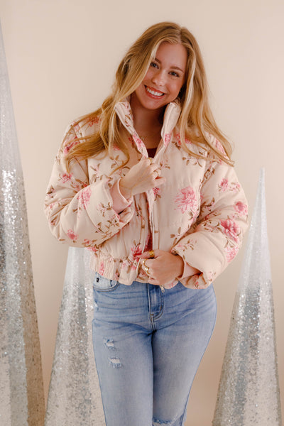 Blush Pink Floral Puffer Jacket- Women's Floral Print Jacket- Storia Pink Puffer Coat