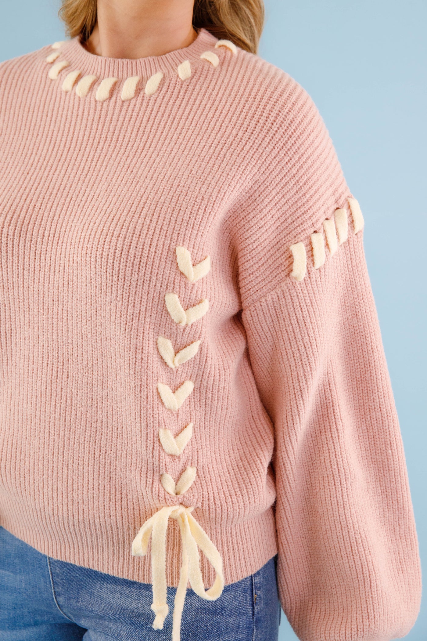 Lace-up Ribbon Sweater- Women's Blush Pink Ribbon Sweater- Pink Knit Sweater