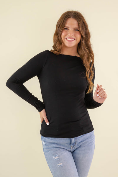 Women's Black Basic Top- Boatneck Style Top- Women's Layering Tops