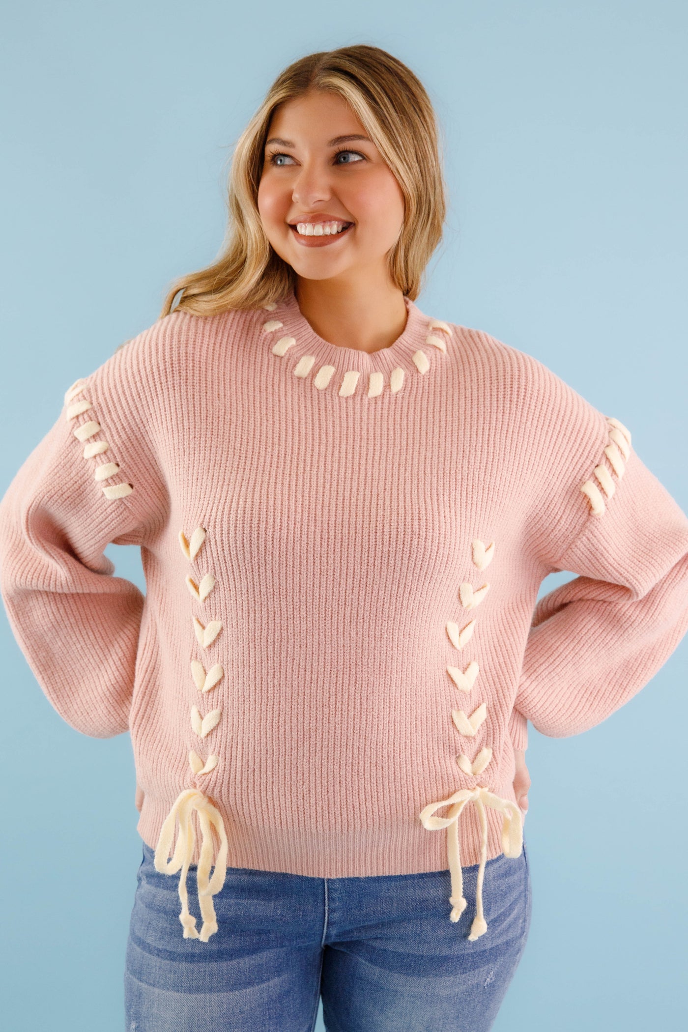 Lace-up Ribbon Sweater- Women's Blush Pink Ribbon Sweater- Pink Knit Sweater