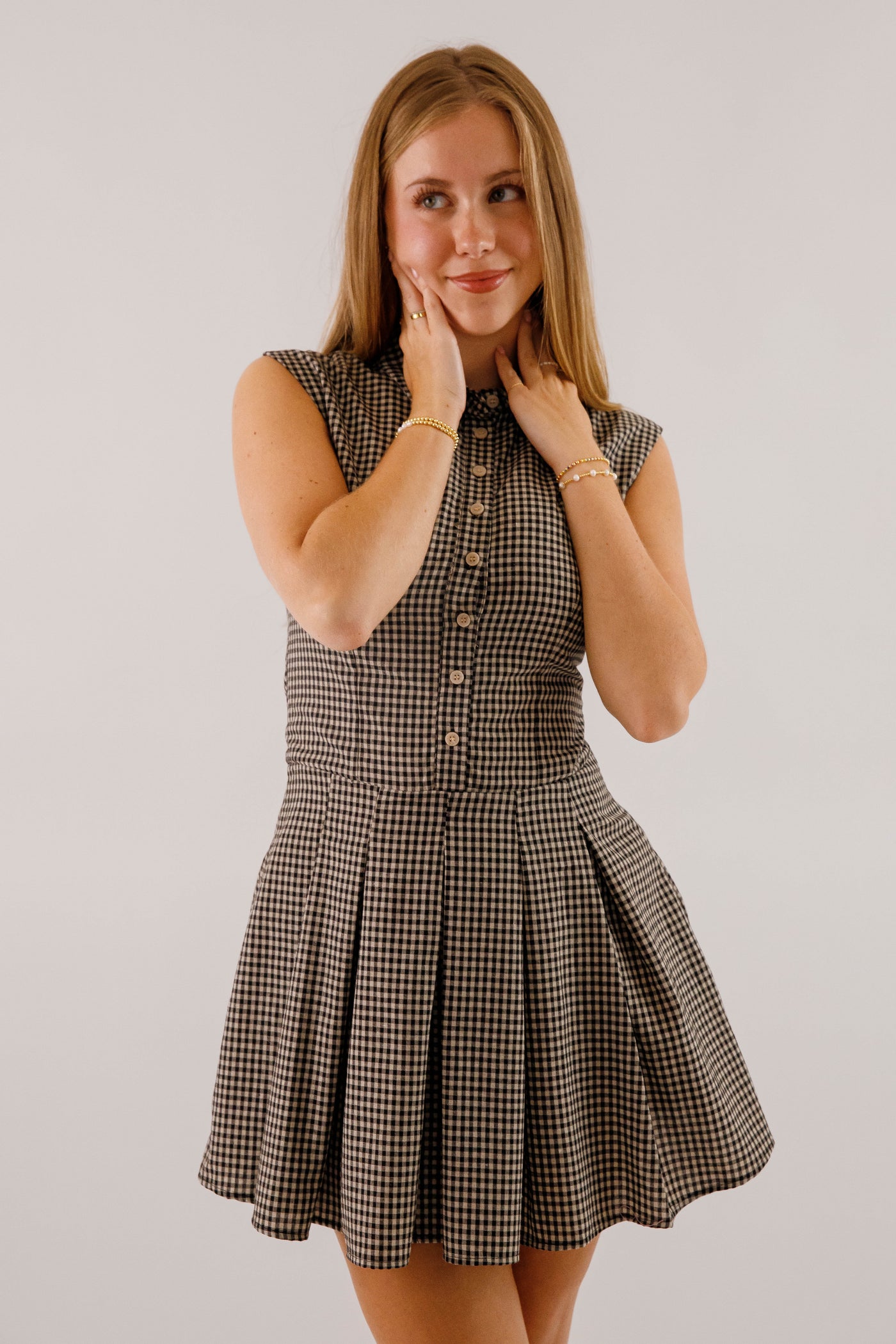 Black & Taupe Gingham Mini Dress- Women's Fall Dresses