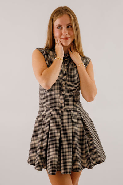 Black & Taupe Gingham Mini Dress- Women's Fall Dresses