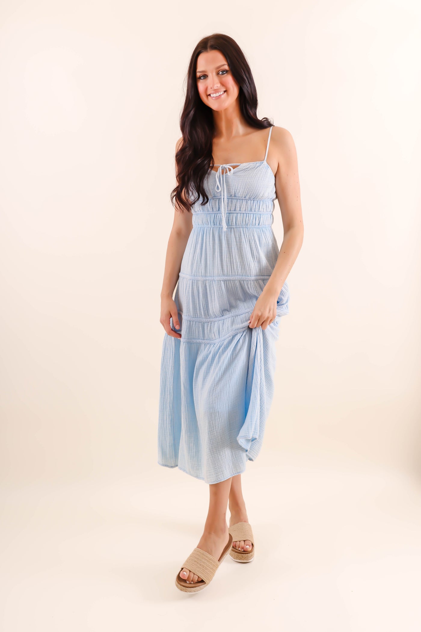 Light Blue Mineral Wash Midi Dress- Comfortable Cotton Gauzy Dress- She + Sky Mineral Wash Dress