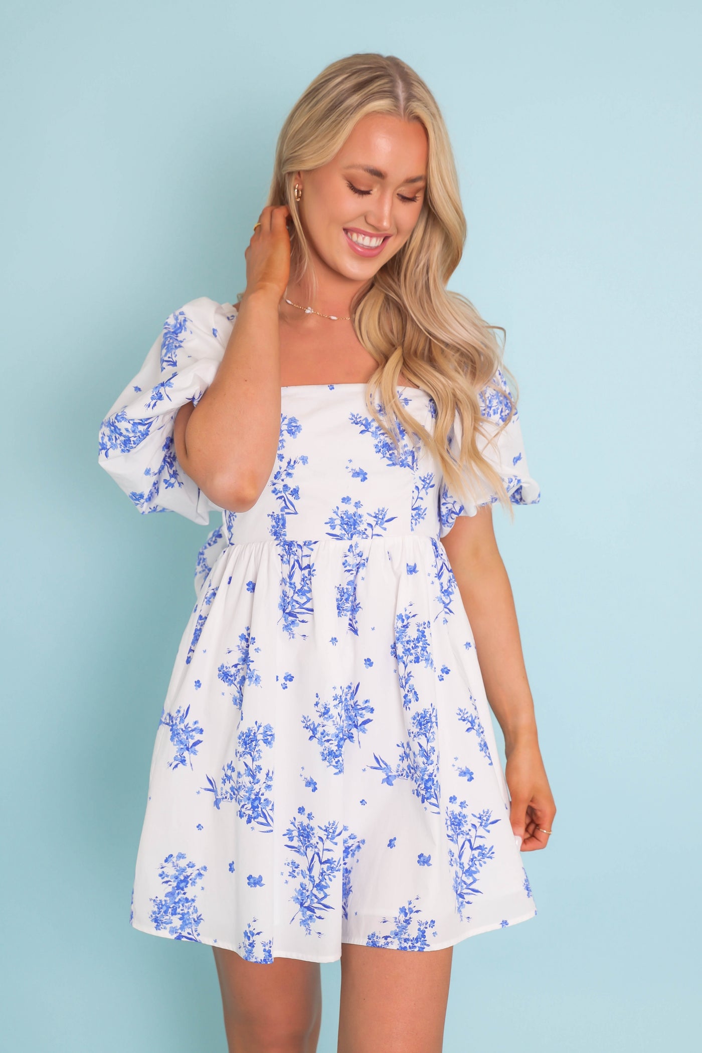 Puff Sleeve Babydoll Mini Dress- Women's Blue and White Floral Dress- SugarLips Mini Dress