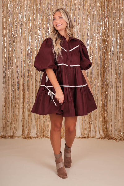 Women's Maroon Button Down Dress- Chic High End Dress with Bubble Sleeves- Sofie The Label Dress