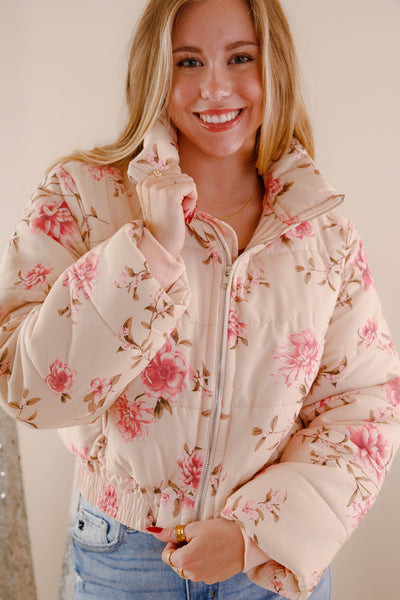 Blush Pink Floral Puffer Jacket- Women's Floral Print Jacket- Storia Pink Puffer Coat