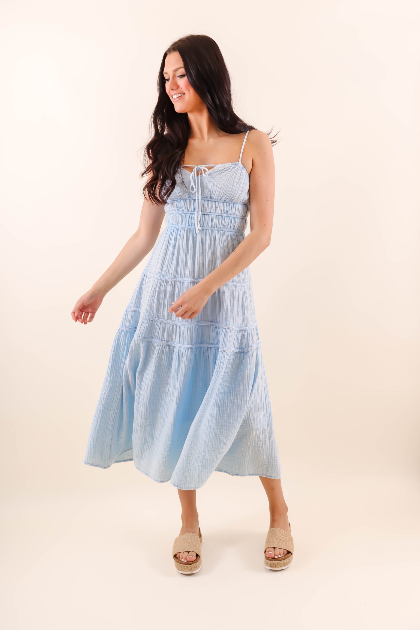 Light Blue Mineral Wash Midi Dress- Comfortable Cotton Gauzy Dress- She + Sky Mineral Wash Dress