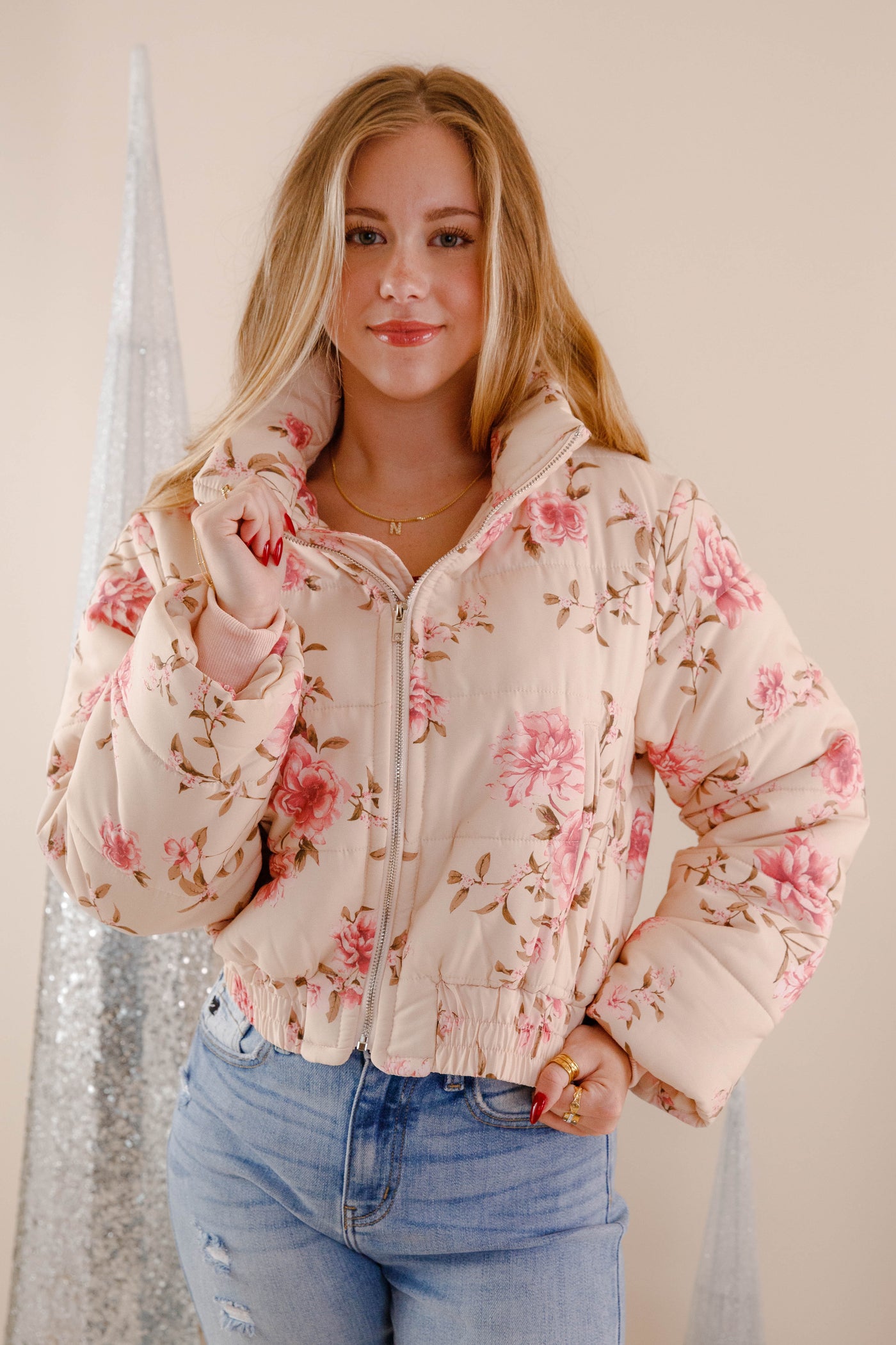 Blush Pink Floral Puffer Jacket- Women's Floral Print Jacket- Storia Pink Puffer Coat