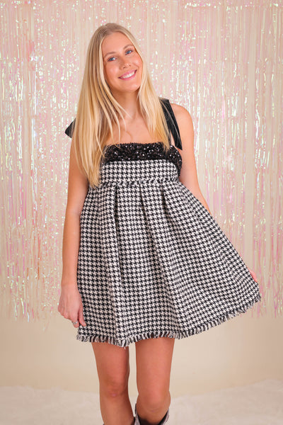 Black Houndstooth Sequin Dress- Women's Sequin Mini Dress- Sofie The Label Dresses