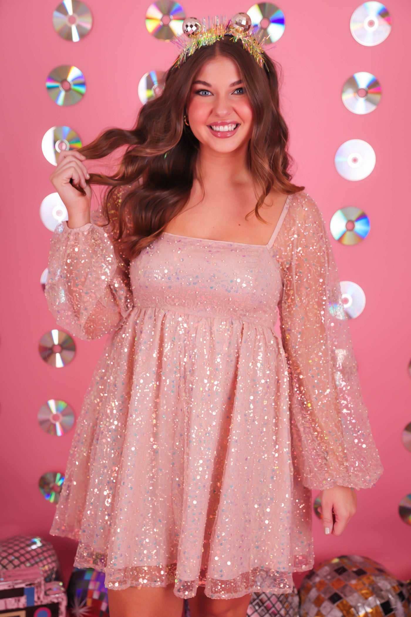 Women's Babydoll Sequin Dress- Women's Blush Pink Rhinestone Dress- Main Strip Sequin Dress