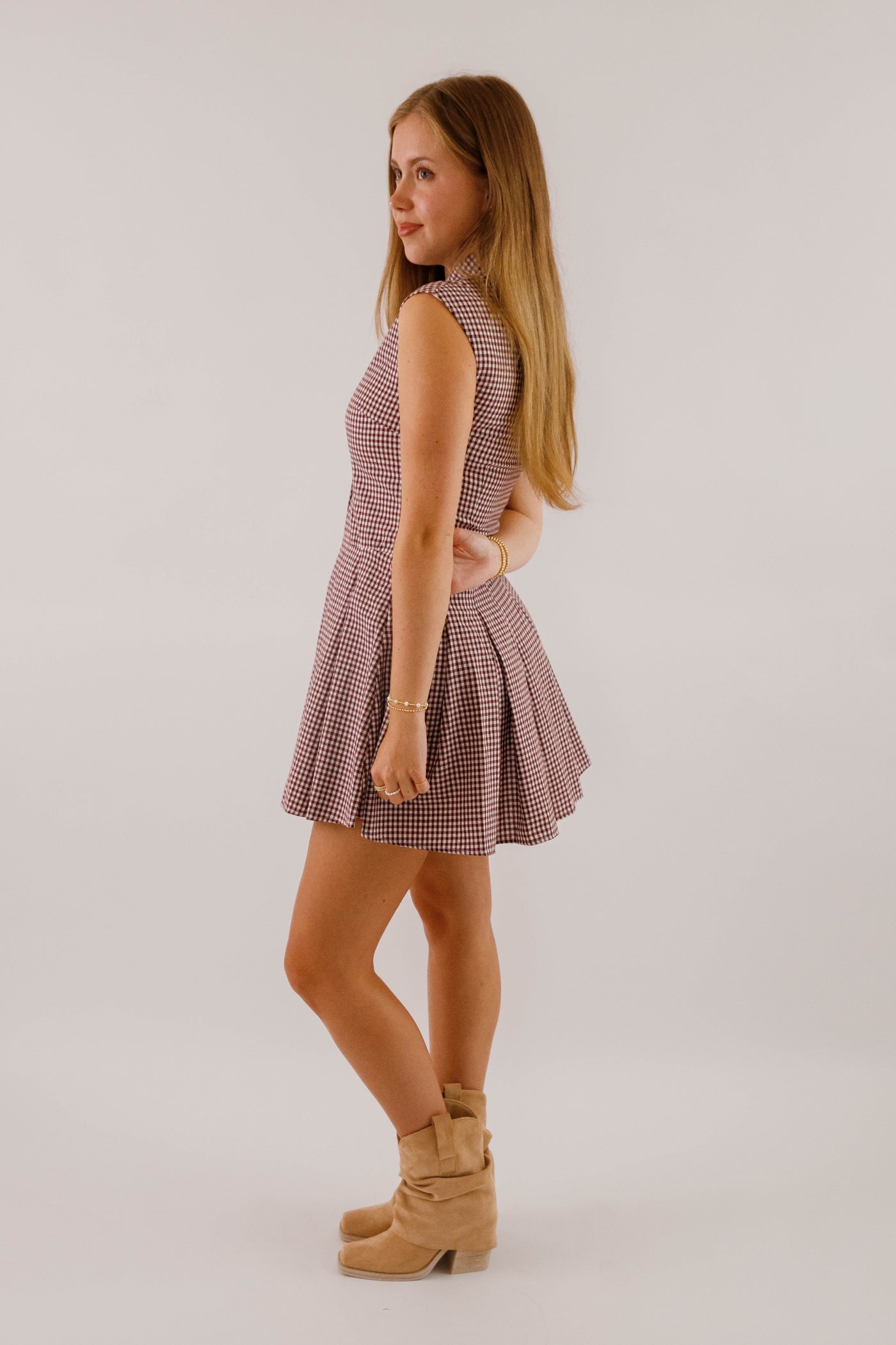 Maroon & Taupe Gingham Mini Dress- Women's Fall Dresses