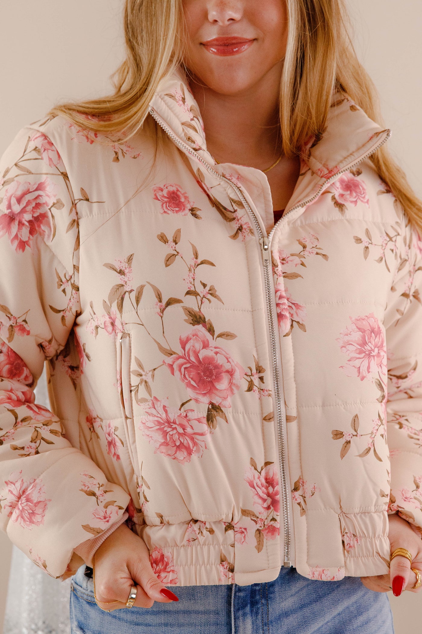 Blush Pink Floral Puffer Jacket- Women's Floral Print Jacket- Storia Pink Puffer Coat