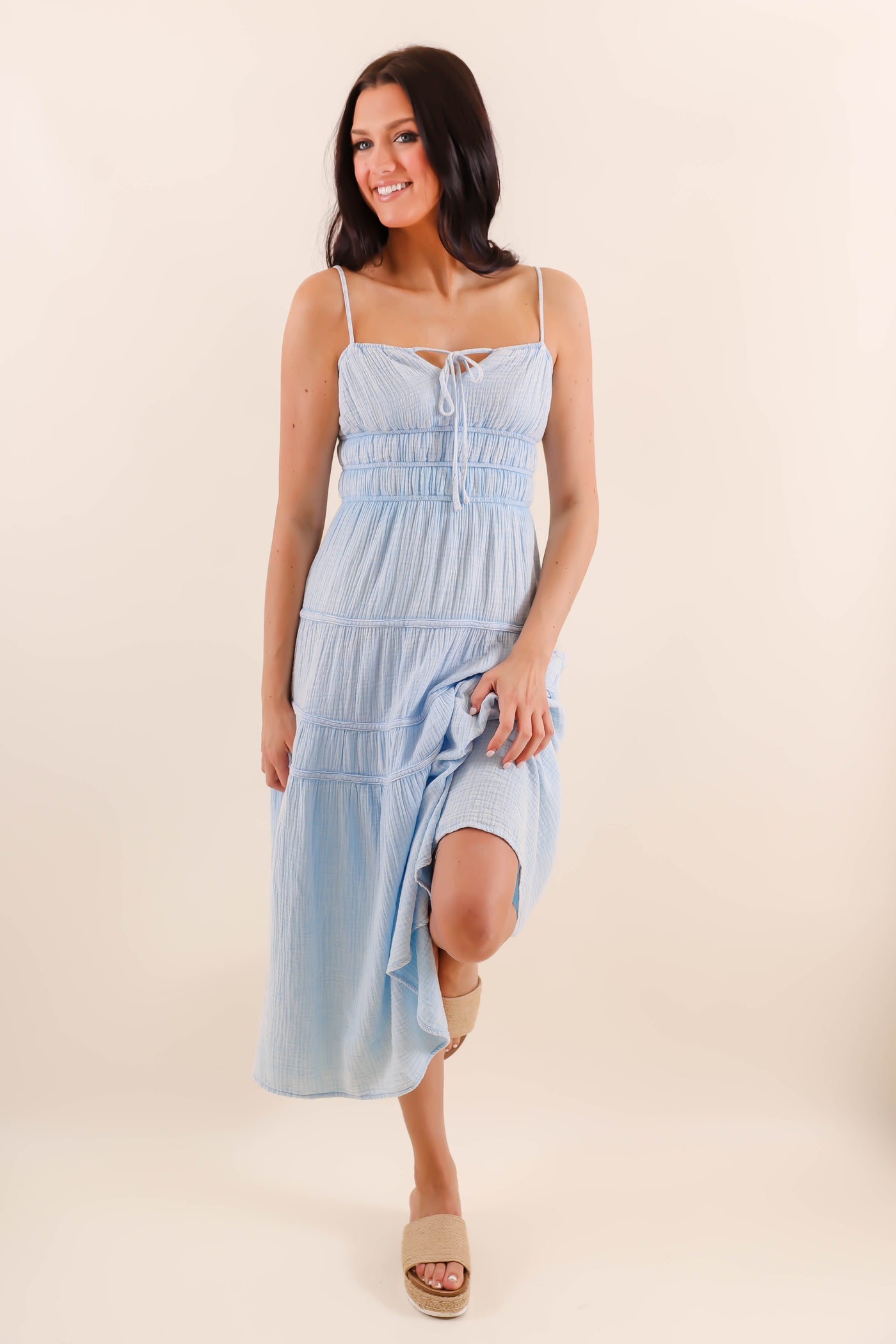 Light Blue Mineral Wash Midi Dress- Comfortable Cotton Gauzy Dress- She + Sky Mineral Wash Dress