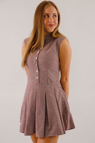 Maroon & Taupe Gingham Mini Dress- Women's Fall Dresses