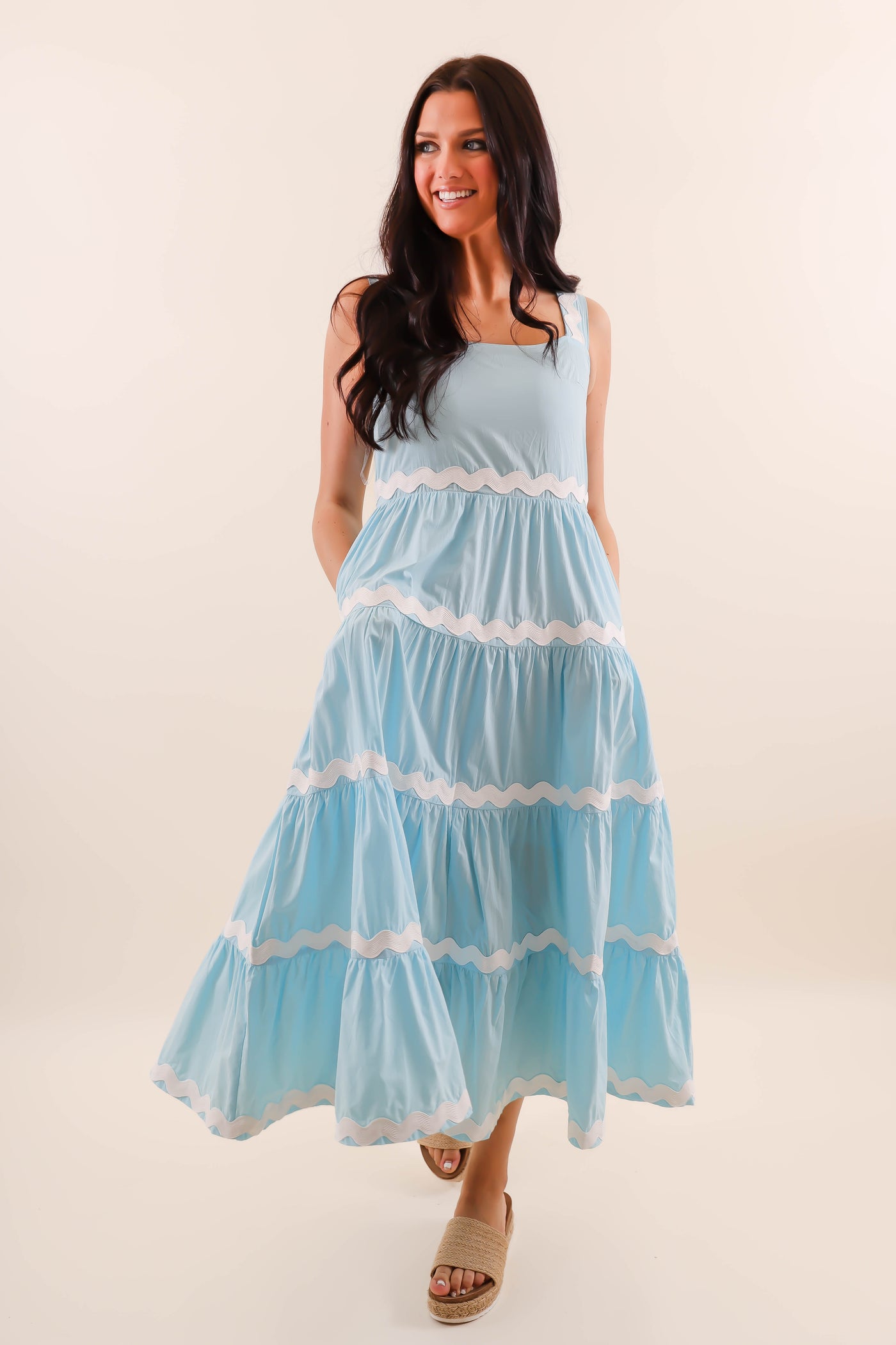 Tiered Ric-Rac Trim Maxi Dress- Women's Bright Blue Maxi- &Merci Maxi Dress