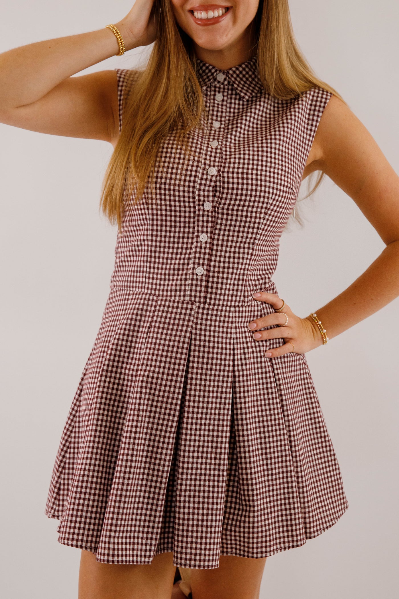 Maroon & Taupe Gingham Mini Dress- Women's Fall Dresses