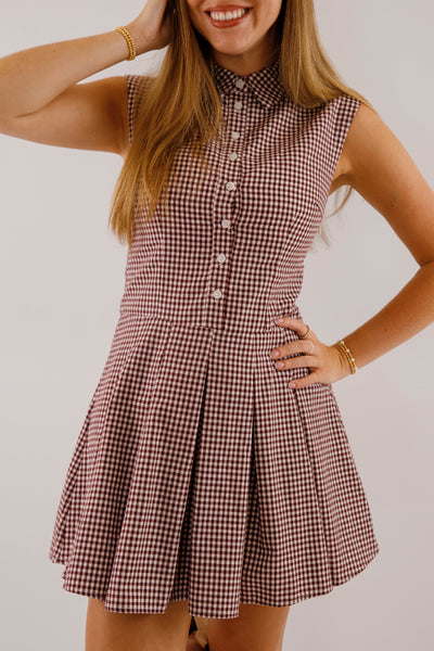 Maroon & Taupe Gingham Mini Dress- Women's Fall Dresses